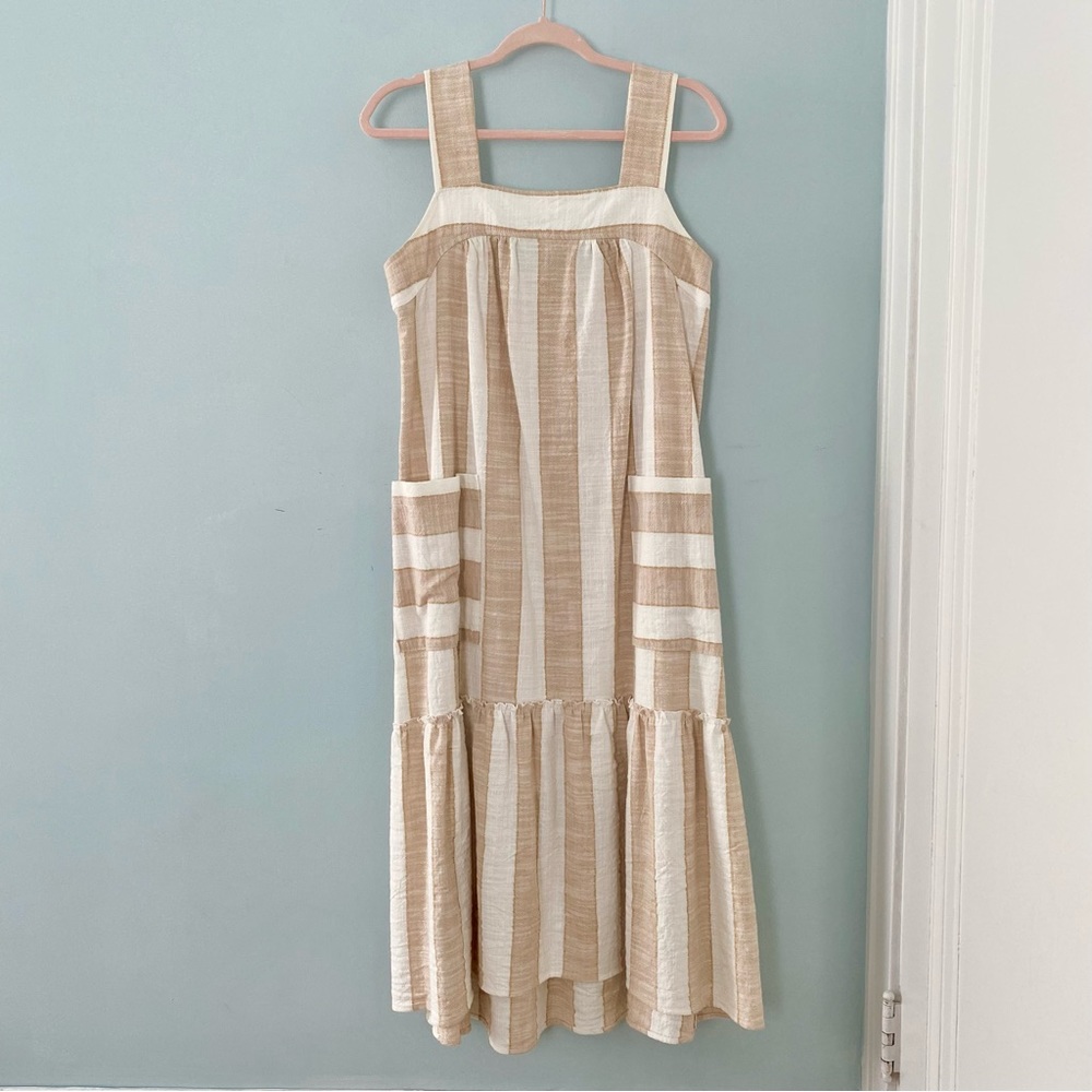 𝅺Anthropologie Maeve Tonal Tan And White Striped Midi Dress